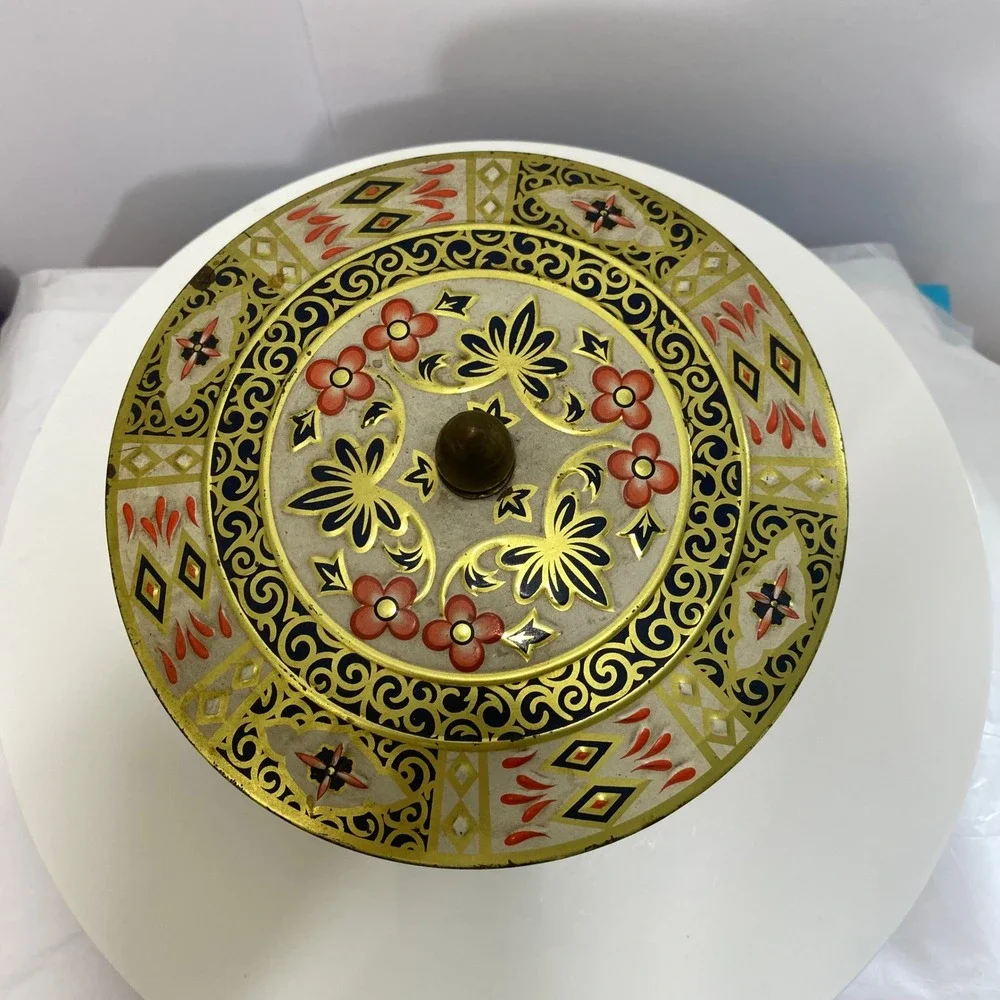 Vintage Crown Derby England Footed Biscuit Tin Imari Floral Gold Blue Red 7in